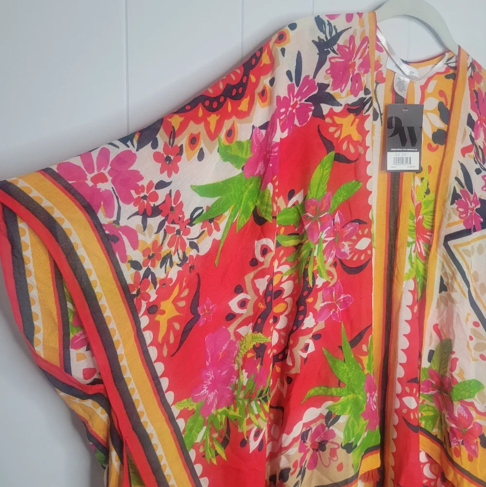 NWT Nine West Ruana Kimono Topper Tassel Trim Open Front Beach Swimsuit Cover OS - Picture 3 of 12